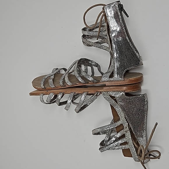 Free People Silver Metallic Strappy Zipper Laceup Gladiator Sandals Size 38 - Picture 6 of 11
